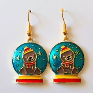 New Hand Crafted Winter Bear in Snow Globe Cute Dangle Earrings 18k Gold Plated